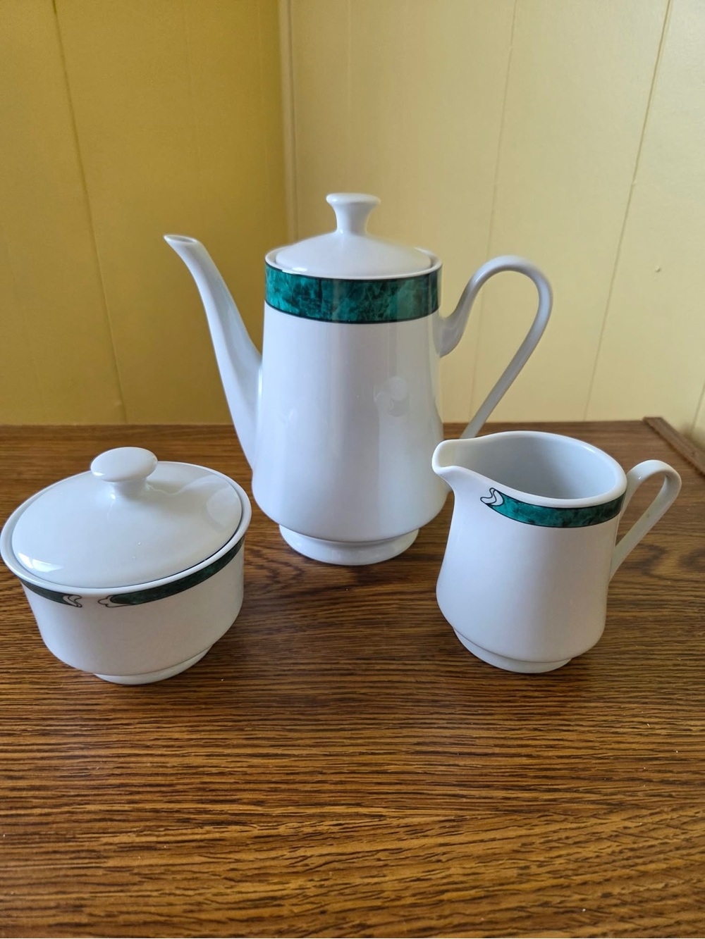 White Porcelain Coffee Set with Green Rim - 3-Piece